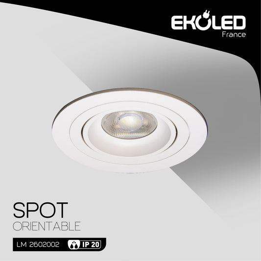 SUPPORT SPOT ROND ORIENTABLE EKOLED EN ALUMINIUM POUR AMPOULE LED MR16 / GU10 / 220V / 12V BLANC IP20 2002