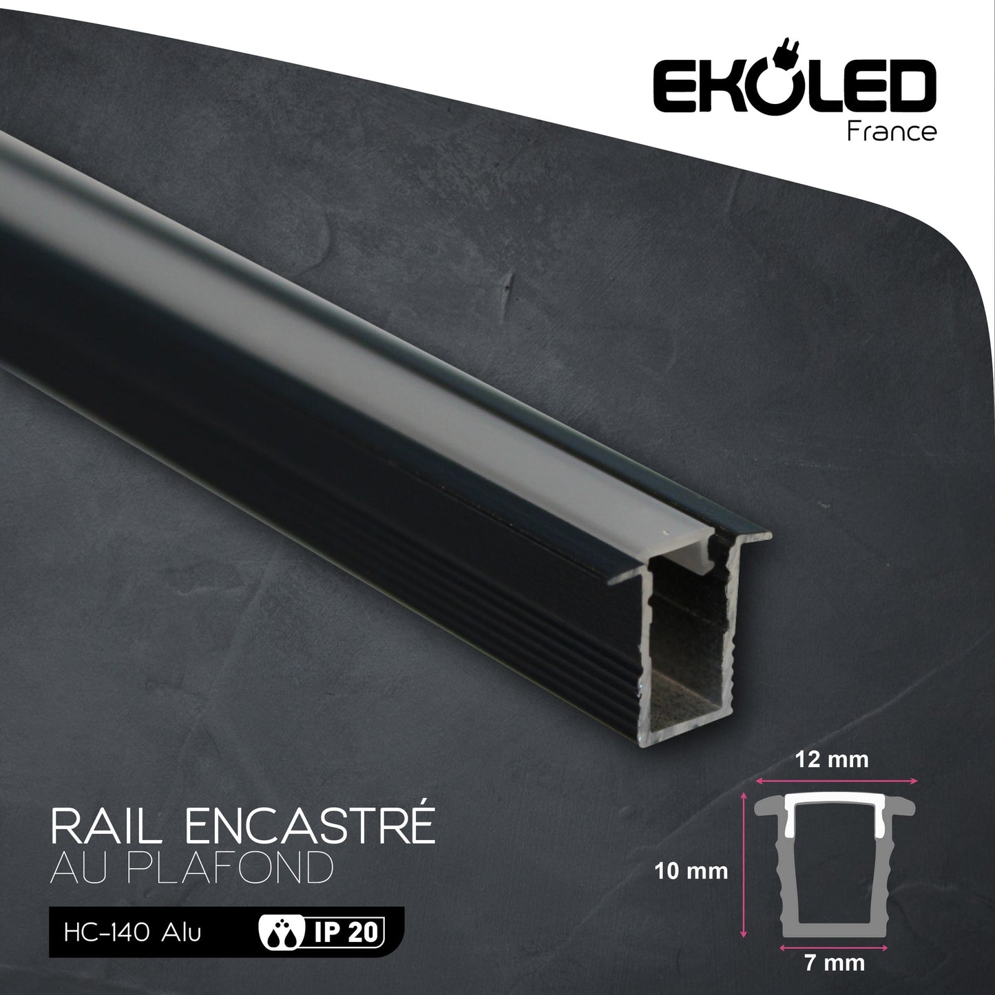 Rail/Profile EKOLED Aluminium pour éclairage linéaire 3m Noir IP20 HC140