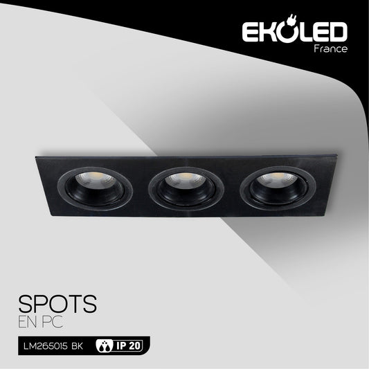 SUPPORT DE SPOT EKOLED RECTANGULAIRE TRIPLE POUR AMPOULE LED MR16 / GU10 / 220V / 12V NOIR IP20 5015